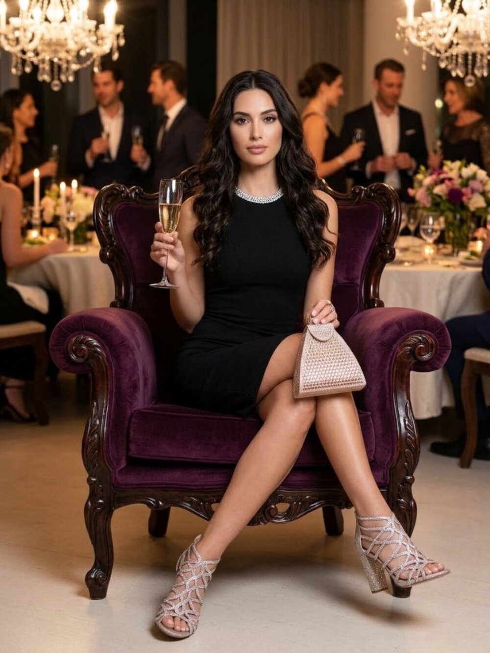 2 items = Women's Champagne Crystal Strappy Gold High Heel Sandals 7.5 and Bag - Picture 3 of 13